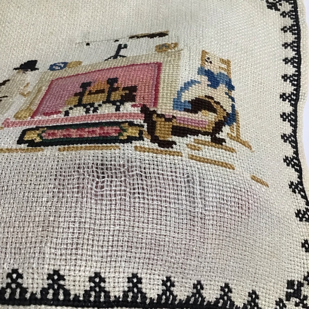 Americana Cross Stitch Sampler Colonial Pilgrim Doily Art Complete 11x12 Vintage - Picture 16 of 16